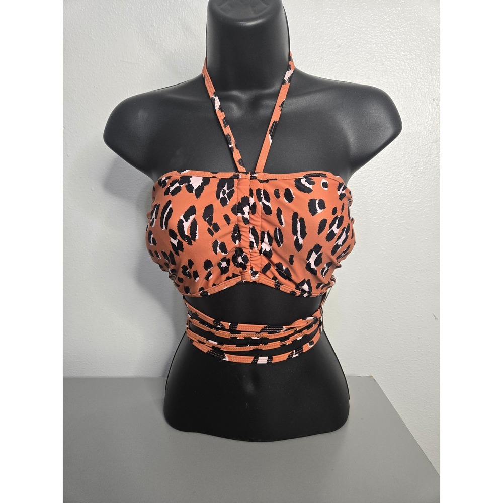 Fabletics Noa Bandeau‎ Bikini Top XL Leopard Print Halter Wrap Swimsuit